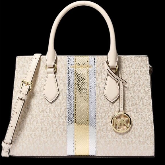 MICHAEL KORS, SHEILA, SIGNATURE LOGO AND METALLIC SATCHEL, NWT - Picture 1 of 6